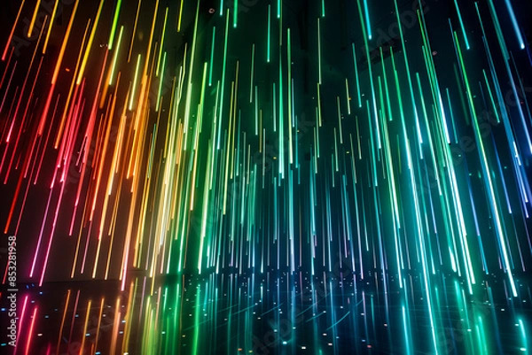 Fototapeta Abstract array of vertical glowing lines in multiple colors, simulating meteor shower effect with colors transitioning from warm to cool against black background.