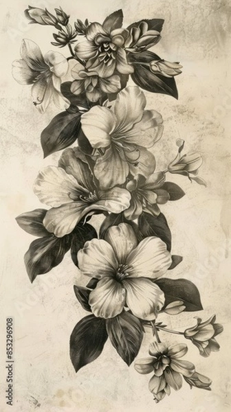 Fototapeta Nostalgic old engraving, delicate flowers immortalized in intricate detail, evoking the timeless beauty and craftsmanship of traditional engraving techniques, a vintage tribute to nature's elegance