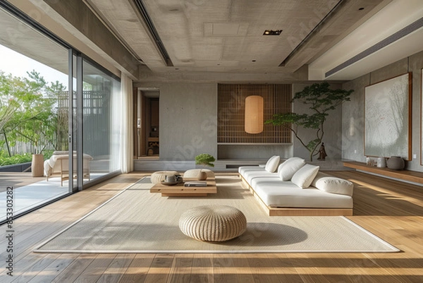 Fototapeta Spacious Living Room with Functional Furniture, Soft Grays, Abundant Natural Light, and Polished Concrete, Showcasing Minimalist Principles and Creating a Calming Atmosphere with Clean Lines.