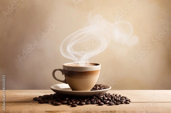Obraz Steaming Cup of Coffee on Wooden Table and Beige Background