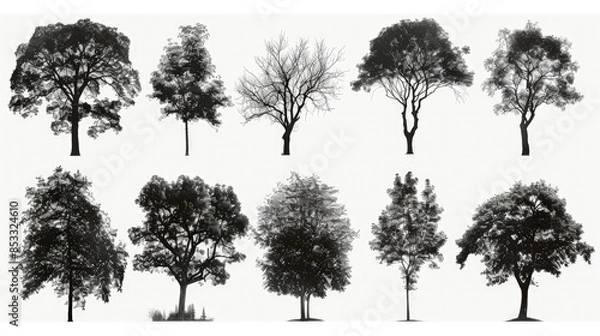 Obraz Collection of silhouettes of trees of different species on white background.  Hyperdetailed. UHD. super detailed