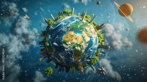 Fototapeta Globe in the form of a miniature planet% A globe depicting the Earth, cities and nature on a celestial background surrounded by space objects