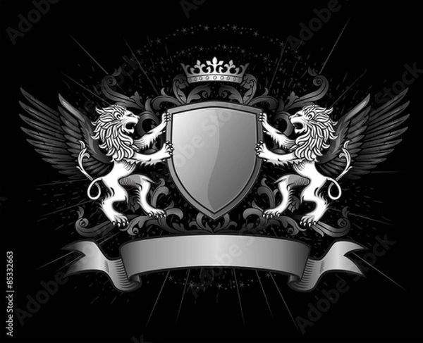 Fototapeta Lions Holding Shield Dark Emblem