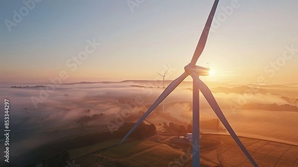 Obraz Overhead drone shot of Wind Turbine, sunrise - 15