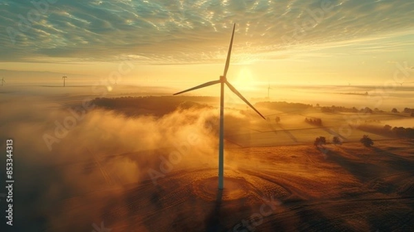 Obraz Overhead drone shot of Wind Turbine, sunrise - 17