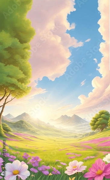 Fototapeta Long vertical animated nature podium image of bright spring day with nature podium green wildflowers, mountains, trees and dramatic clouds for product presentations.