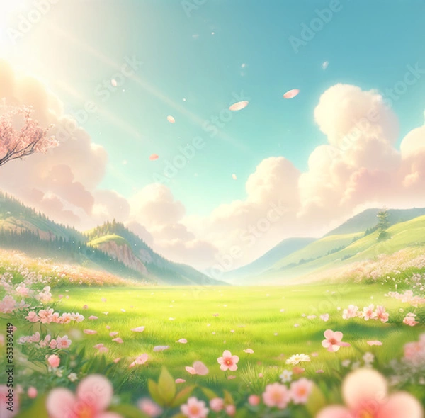 Fototapeta Animated nature podium center focused image of a bright spring day with green field flowers, mountains and clouds for product presentations.
