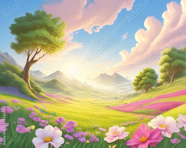 Fototapeta Animated nature podium image of a bright spring day with, green field flowers, trees, mountains and dramatic clouds for product presentations.