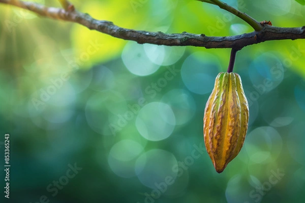 Fototapeta Single Cacao Cocoa Bean on Tree Branch, Chocolate