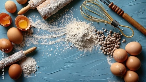 Fototapeta A blue background with a variety of ingredients including eggs, flour, and a whisk. The scene is set up for baking and the ingredients are laid out in a visually appealing manner