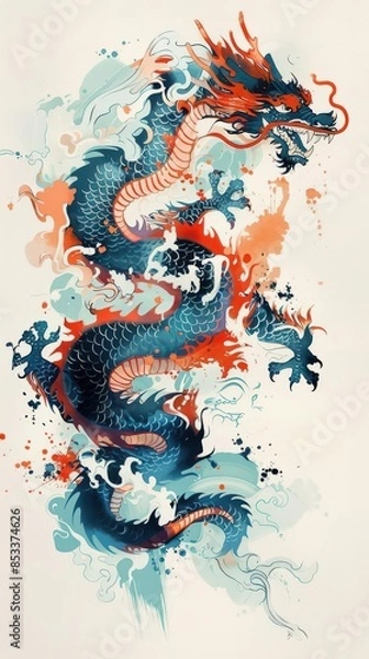 Obraz simplify tattoo design, Japanese style dragon solid black lines Splash art fill in scales of red, orange, blue and green Show full Dragon body