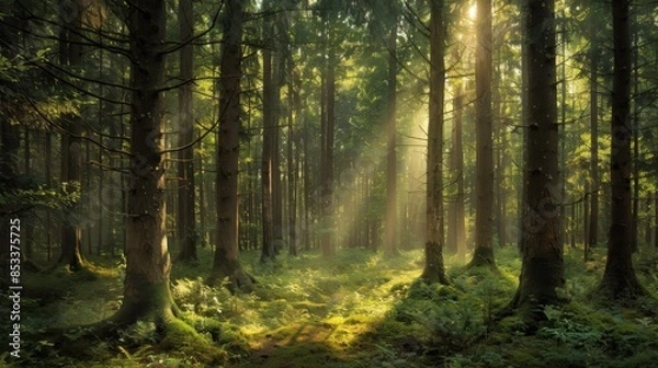 Obraz Sunlit Forest with Tall Trees