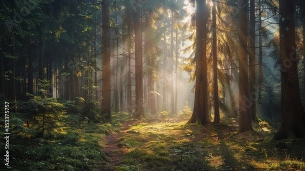Obraz Sunlit Forest with Tall Trees