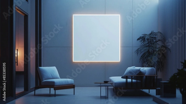 Fototapeta Empty Neon Lit Frame for Artwork Placement, In Empty Brutalism Living Room