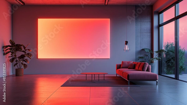 Fototapeta Empty Neon Lit Frame for Artwork Placement, Yellow Orange Themed Room Background