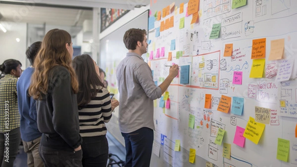 Fototapeta Project initiation meeting with a diverse team, reviewing and discussing ideas on sticky notes posted on dashboards
