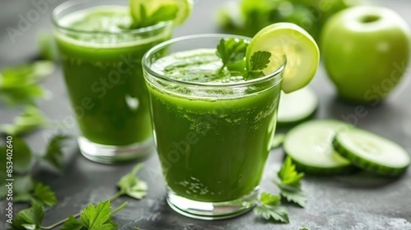 Fototapeta Refreshing Green Smoothie with Cucumber and Parsley