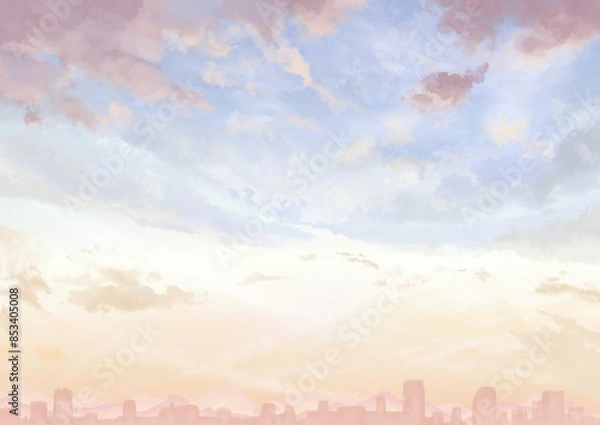Obraz タイトルを乗せやすい余白のある夕暮れ間近の空の背景_ビル群と山脈あり