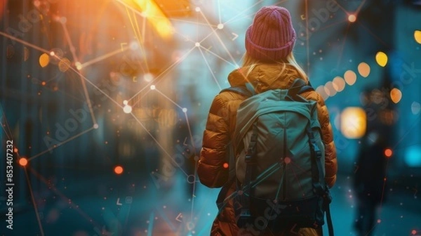 Fototapeta Woman with digital network overlay - A woman exploring a dark urban scene overlaid with a glowing network concept representing data connectivity