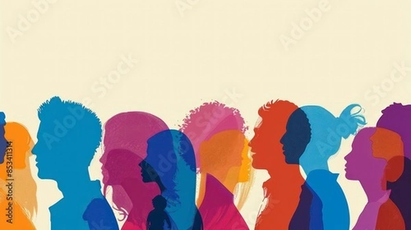 Fototapeta Half-body silhouettes in solid colors, random poses, representing diverse genders, ethnicities, and skin colors.