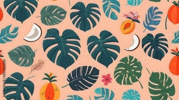 Fototapeta Abstract colorful simple geometric tropical shapes, boho shapes. Monstera leaves, flowers, coconut, papaya fruit. Modern simple abstract background seamless pattern. Wrapping paper, wallpaper, fabric