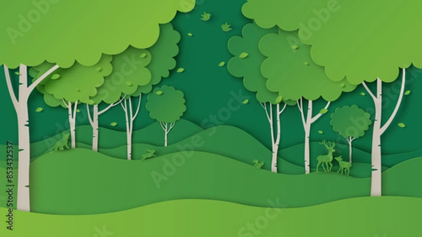 Obraz Natural landscape of tropical green forest with wild animals. Ecology and save the world. paper cut and craft style. vector, illustration.