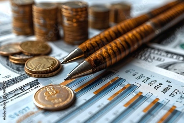 Fototapeta close up of pen and coins on financial charts with graphs, stock market background