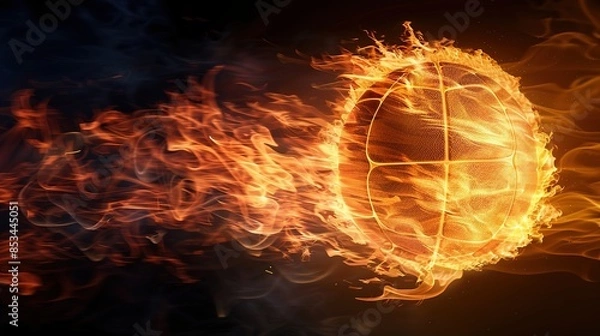 Fototapeta 3D Illustration of a Fiery Volleyball on a Black Background, High Resolution Rendering of a Flaming Sports Ball, Capturing the Intensity and Dynamic Energy of Competitive Volleyball in Stunning Detail