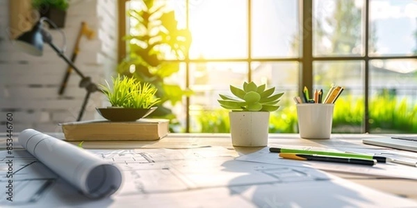 Obraz work space, organized desk, blueprints, succulent, clean, modern.