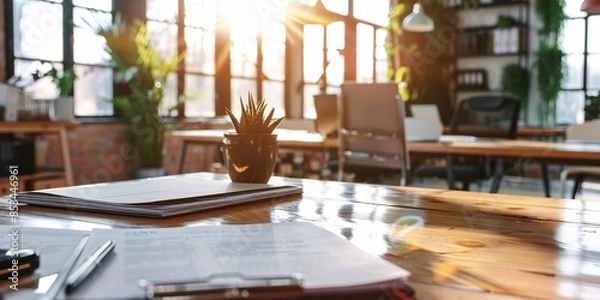 Obraz business brochure on mahogany desk, busy office.