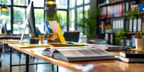 Obraz business brochure on mahogany desk, busy office.