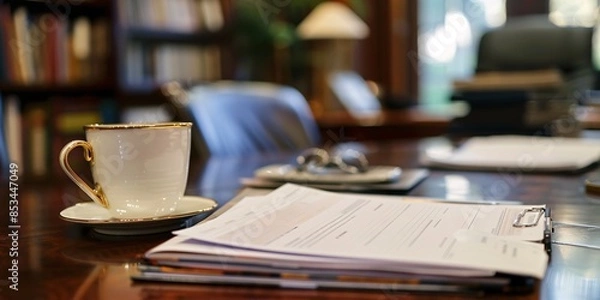 Obraz business brochure on mahogany desk, busy office.