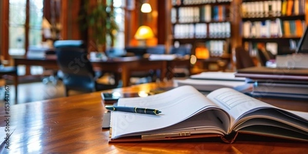 Obraz business brochure on mahogany desk, busy office.