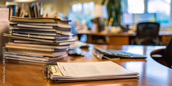 Obraz business brochure on mahogany desk, busy office.