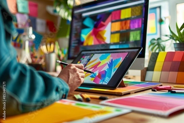 Fototapeta a lifestyle stock photography of Designer at work station, digital tablet with stylus, vibrant graphic design project on screen, swatches and design tools on desk, creative office environment.