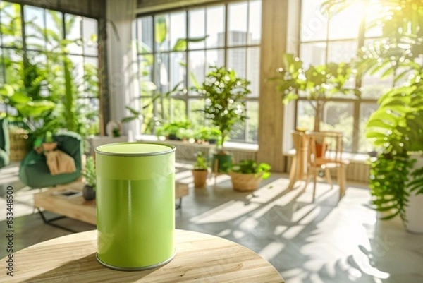 Obraz a lifestyle stock photography of Eco-friendly paint can with natural color pigments and organic certification; sleek, modern design. Interior room with large windows, green plants, natural wood
