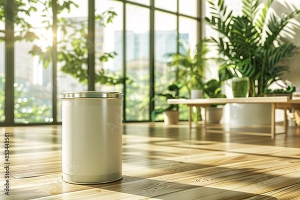 Obraz a lifestyle stock photography of Eco-friendly paint can with natural color pigments and organic certification; sleek, modern design. Interior room with large windows, green plants, natural wood