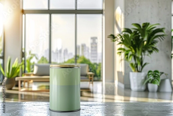 Obraz a lifestyle stock photography of Eco-friendly paint can with natural color pigments and organic certification; sleek, modern design. Interior room with large windows, green plants, natural wood