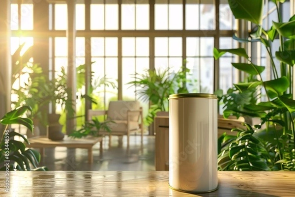 Obraz a lifestyle stock photography of Eco-friendly paint can with natural color pigments and organic certification; sleek, modern design. Interior room with large windows, green plants, natural wood