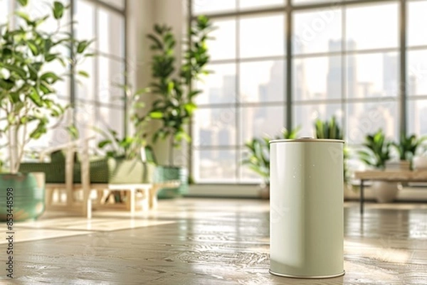 Obraz a lifestyle stock photography of Eco-friendly paint can with natural color pigments and organic certification; sleek, modern design. Interior room with large windows, green plants, natural wood
