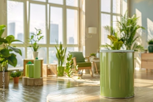 Obraz a lifestyle stock photography of Eco-friendly paint can with natural color pigments and organic certification; sleek, modern design. Interior room with large windows, green plants, natural wood