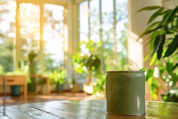 Obraz a lifestyle stock photography of Eco-friendly paint can with natural color pigments and organic certification; sleek, modern design. Interior room with large windows, green plants, natural wood