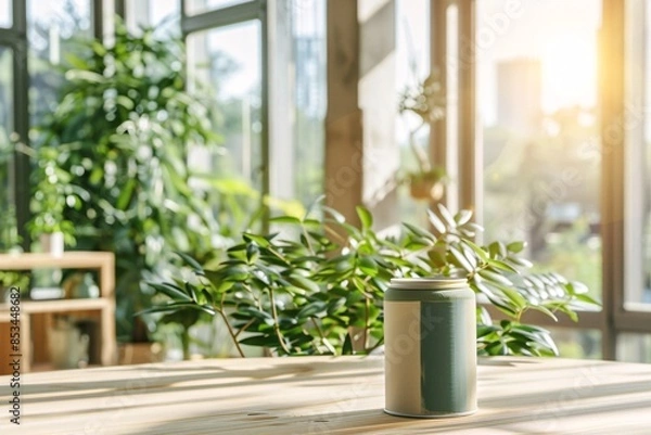 Obraz a lifestyle stock photography of Eco-friendly paint can with natural color pigments and organic certification; sleek, modern design. Interior room with large windows, green plants, natural wood