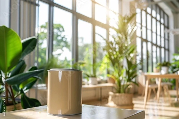 Obraz a lifestyle stock photography of Eco-friendly paint can with natural color pigments and organic certification; sleek, modern design. Interior room with large windows, green plants, natural wood