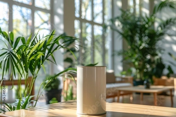 Obraz a lifestyle stock photography of Eco-friendly paint can with natural color pigments and organic certification; sleek, modern design. Interior room with large windows, green plants, natural wood