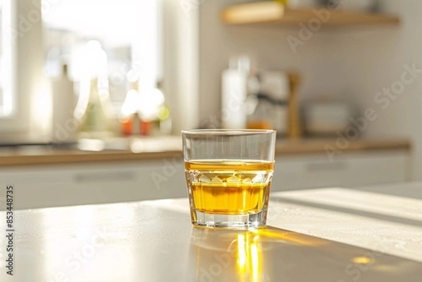 Obraz a lifestyle stock photography of A glass of alcohol represented by a transparent glass filled with a golden liquid. Clean, minimalistic kitchen counter. Straight-on shot, medium distance. Soft,