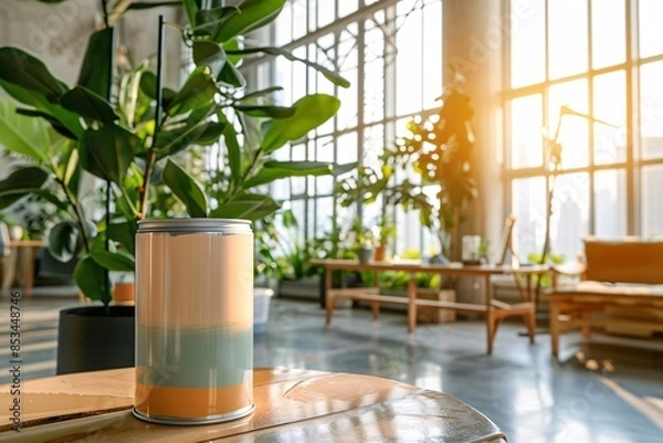 Obraz a lifestyle stock photography of Eco-friendly paint can with natural color pigments and organic certification; sleek, modern design. Interior room with large windows, green plants, natural wood