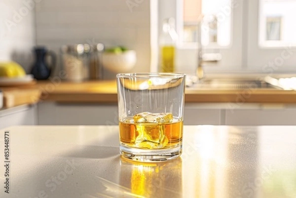 Obraz a lifestyle stock photography of A glass of alcohol represented by a transparent glass filled with a golden liquid. Clean, minimalistic kitchen counter. Straight-on shot, medium distance. Soft,