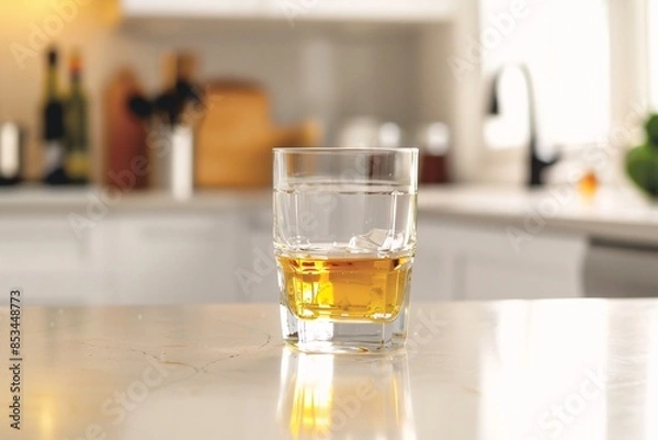 Obraz a lifestyle stock photography of A glass of alcohol represented by a transparent glass filled with a golden liquid. Clean, minimalistic kitchen counter. Straight-on shot, medium distance. Soft,