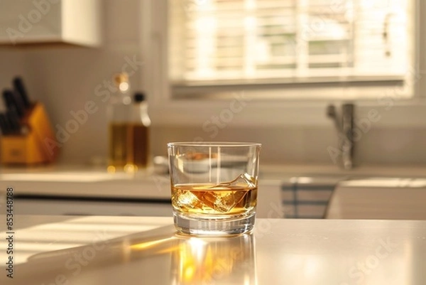 Obraz a lifestyle stock photography of A glass of alcohol represented by a transparent glass filled with a golden liquid. Clean, minimalistic kitchen counter. Straight-on shot, medium distance. Soft,